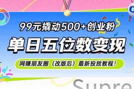 99元撬动500+创业粉，单日五位数变现，网创朋友圈（改版后）最新投放教...